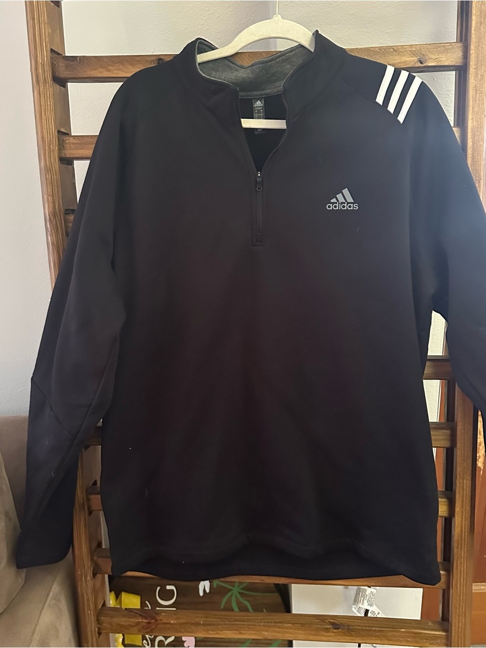 adidas Men’s Black Quarter-Zip Pullover with White Shoulder Stripes